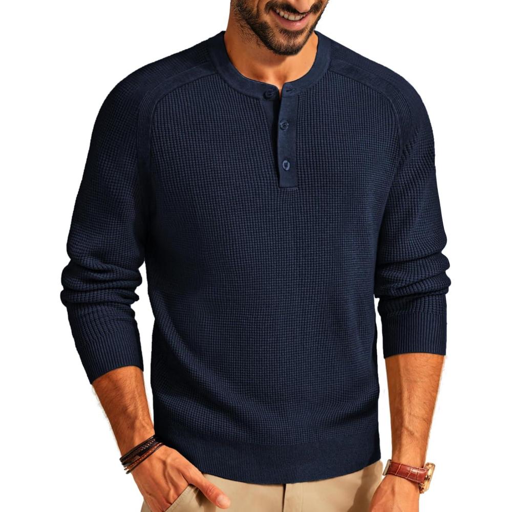 imagePJ PAUL JONES Mens Henley Long Sleeve Sweaters Solid Color Soft Warm Pullover SweatersNavy