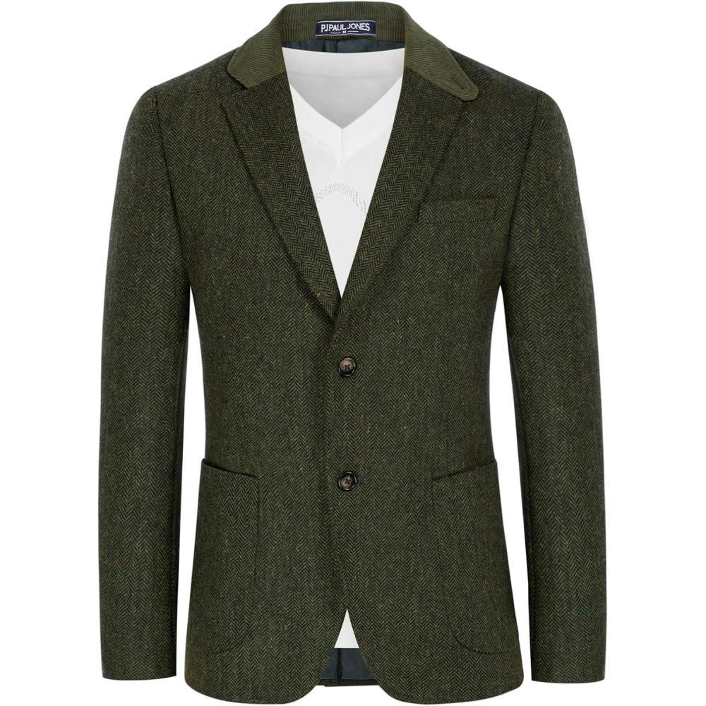 imagePJ PAUL JONES Mens Herringbone Blazer Vintage Tweed Wool Blend Sport Coat JacketArmy Green