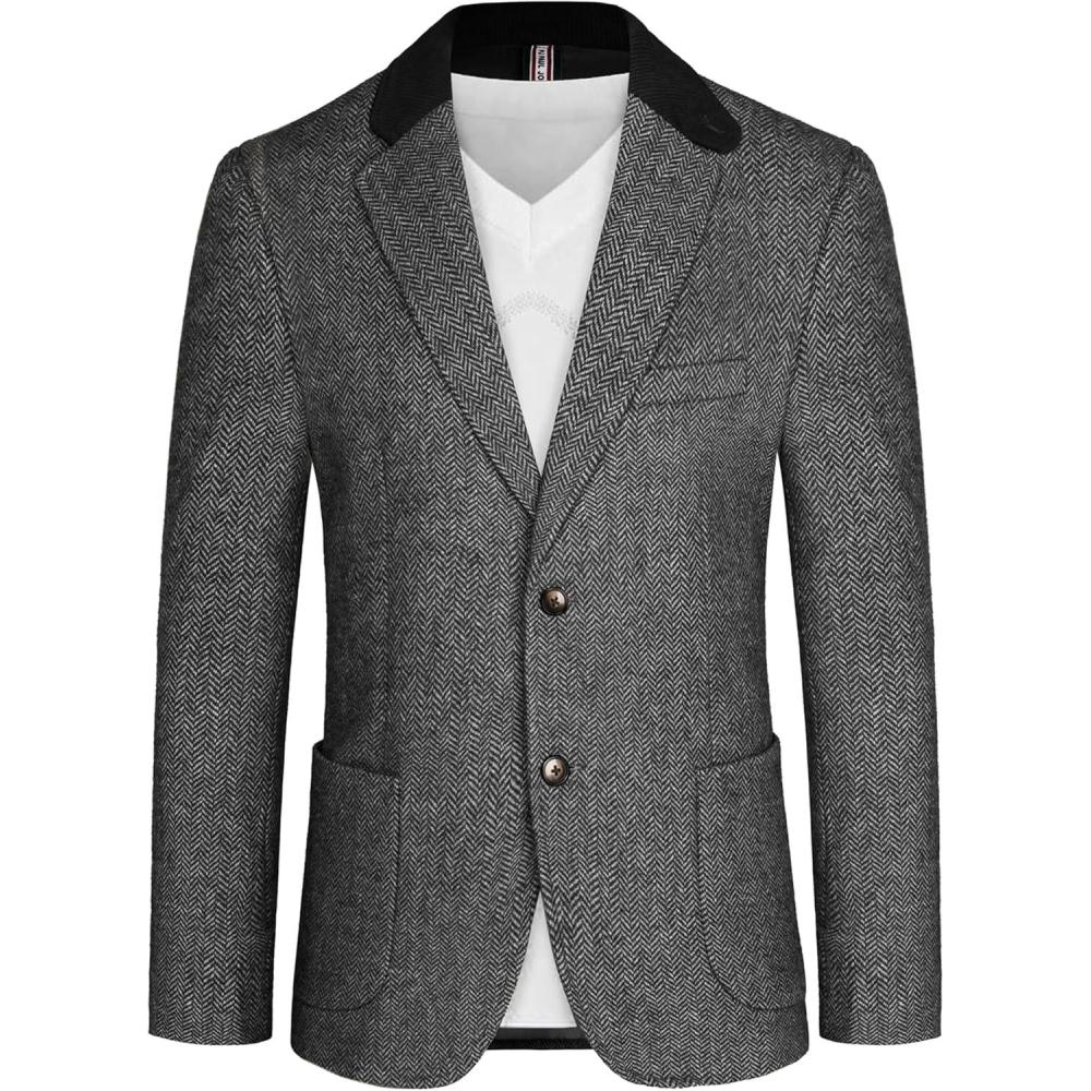 imagePJ PAUL JONES Mens Herringbone Blazer Vintage Tweed Wool Blend Sport Coat JacketBlack