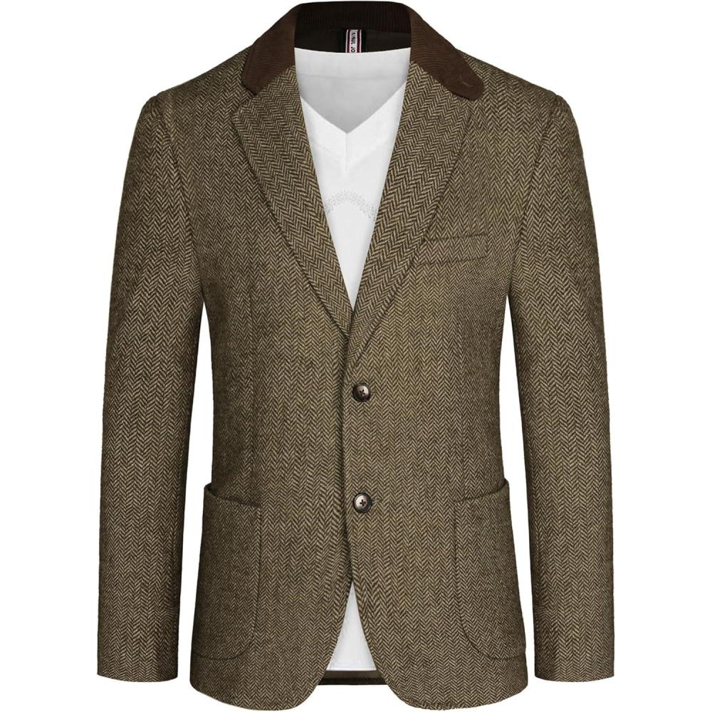 imagePJ PAUL JONES Mens Herringbone Blazer Vintage Tweed Wool Blend Sport Coat JacketCoffee
