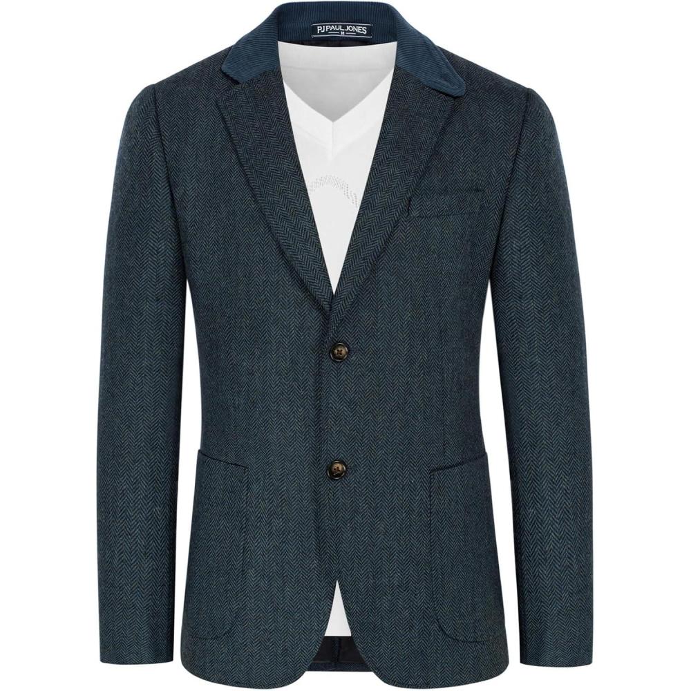 imagePJ PAUL JONES Mens Herringbone Blazer Vintage Tweed Wool Blend Sport Coat JacketDark Blue