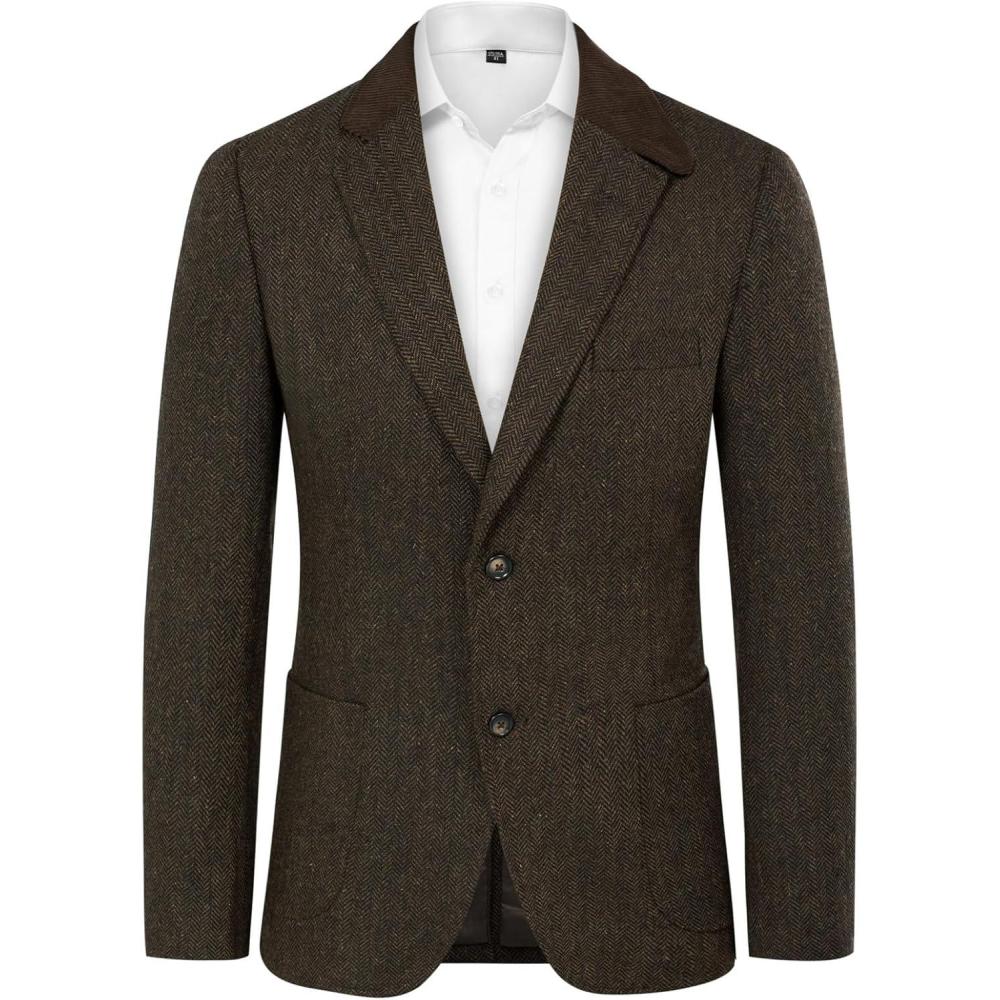 imagePJ PAUL JONES Mens Herringbone Blazer Vintage Tweed Wool Blend Sport Coat JacketDark Coffee