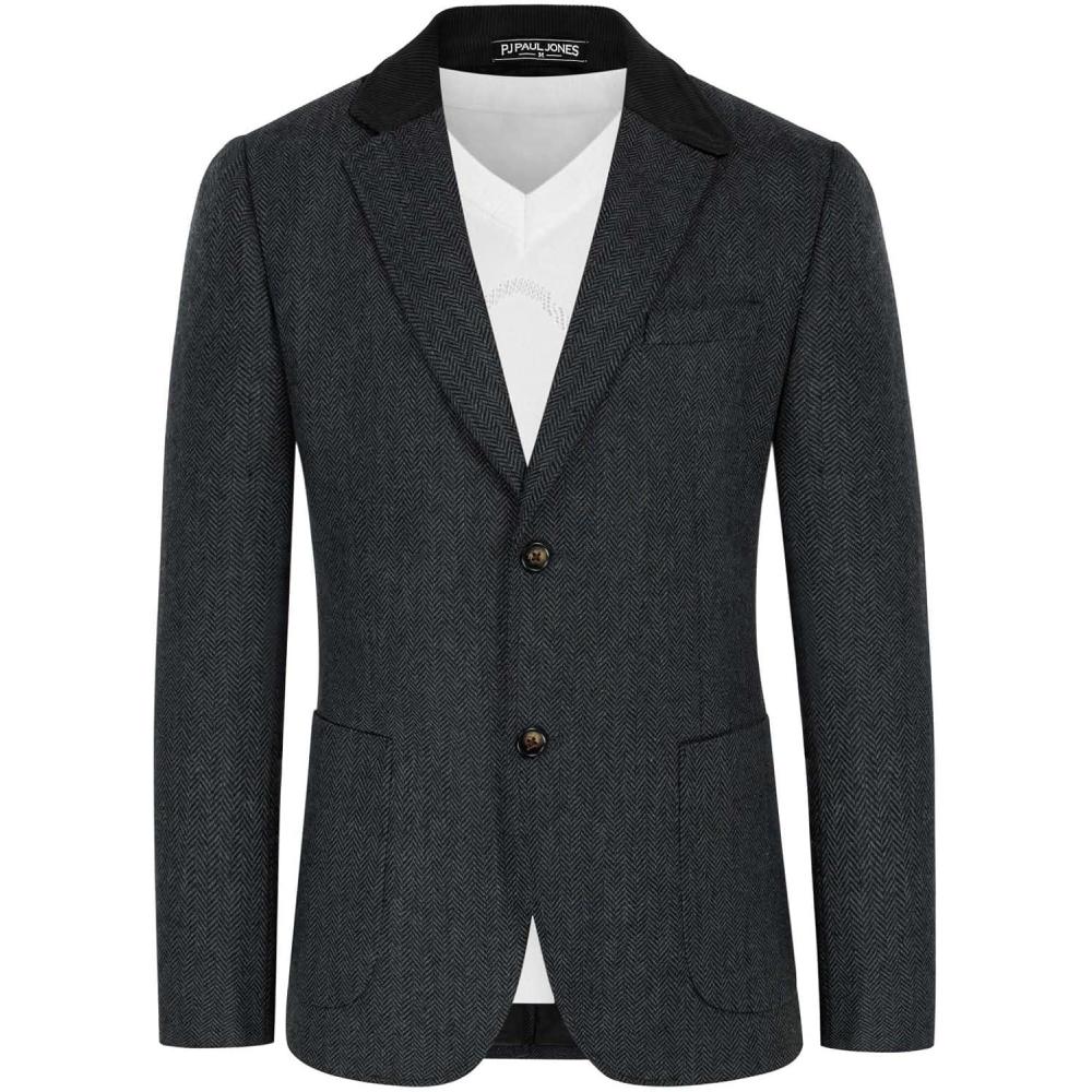 imagePJ PAUL JONES Mens Herringbone Blazer Vintage Tweed Wool Blend Sport Coat JacketDark Grey