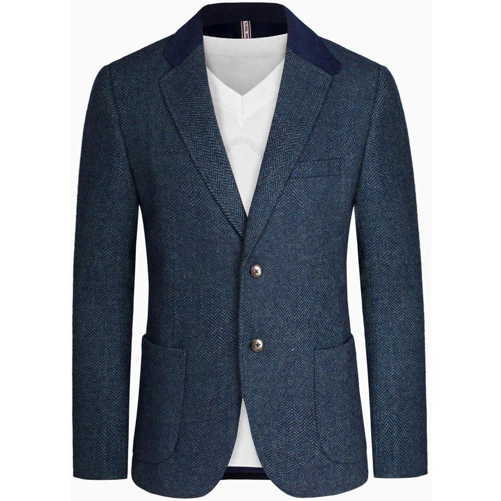 imagePJ PAUL JONES Mens Herringbone Blazer Vintage Tweed Wool Blend Sport Coat JacketLake Blue