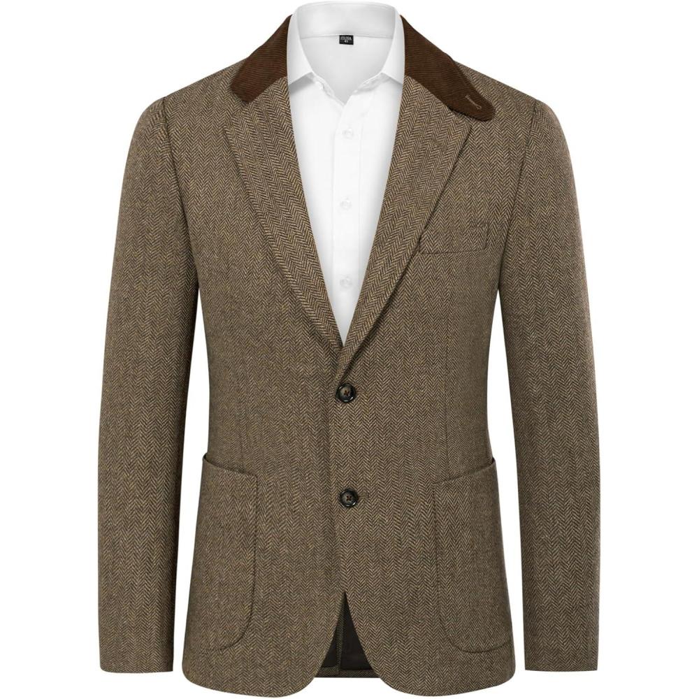 imagePJ PAUL JONES Mens Herringbone Blazer Vintage Tweed Wool Blend Sport Coat JacketLight Coffee