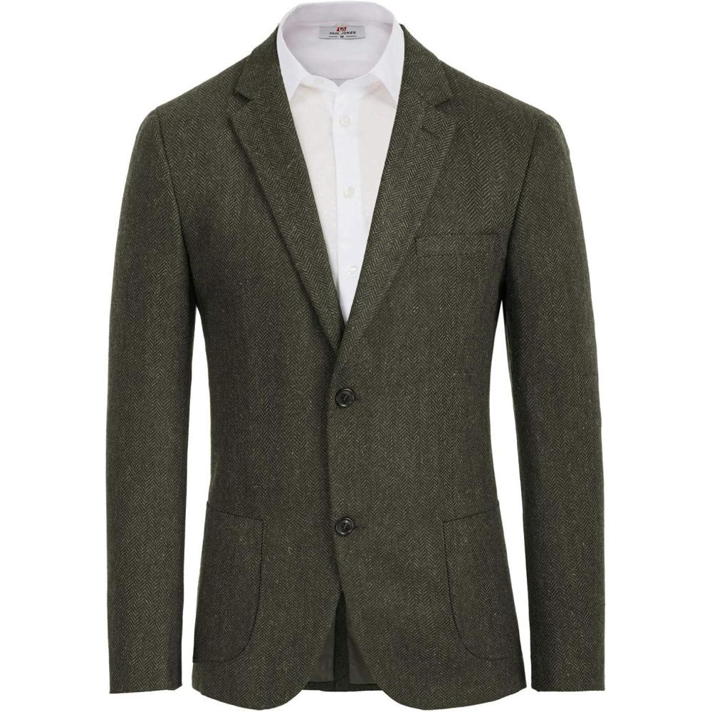 imagePJ PAUL JONES Mens Herringbone Tweed Blazer British Wool Blend Sport Coat JacketArmy Green
