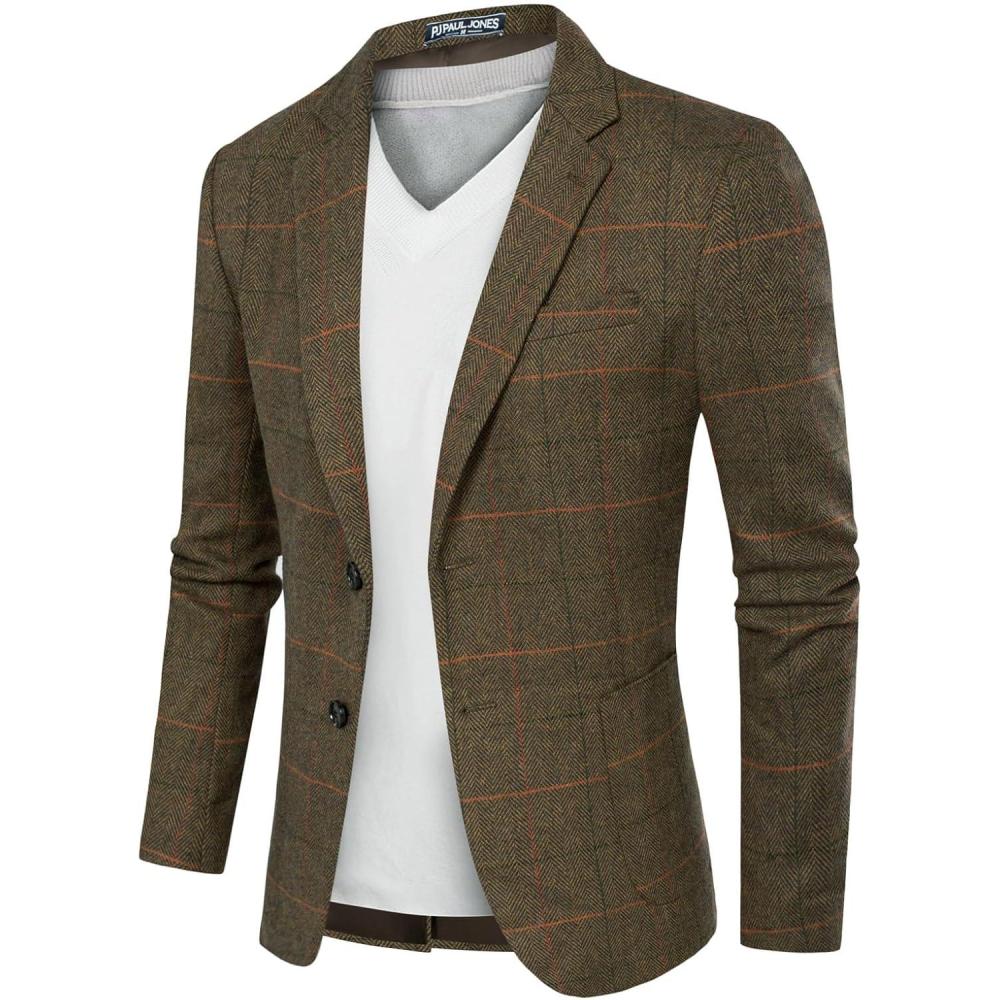 imagePJ PAUL JONES Mens Herringbone Tweed Blazer British Wool Blend Sport Coat JacketBarmy Green