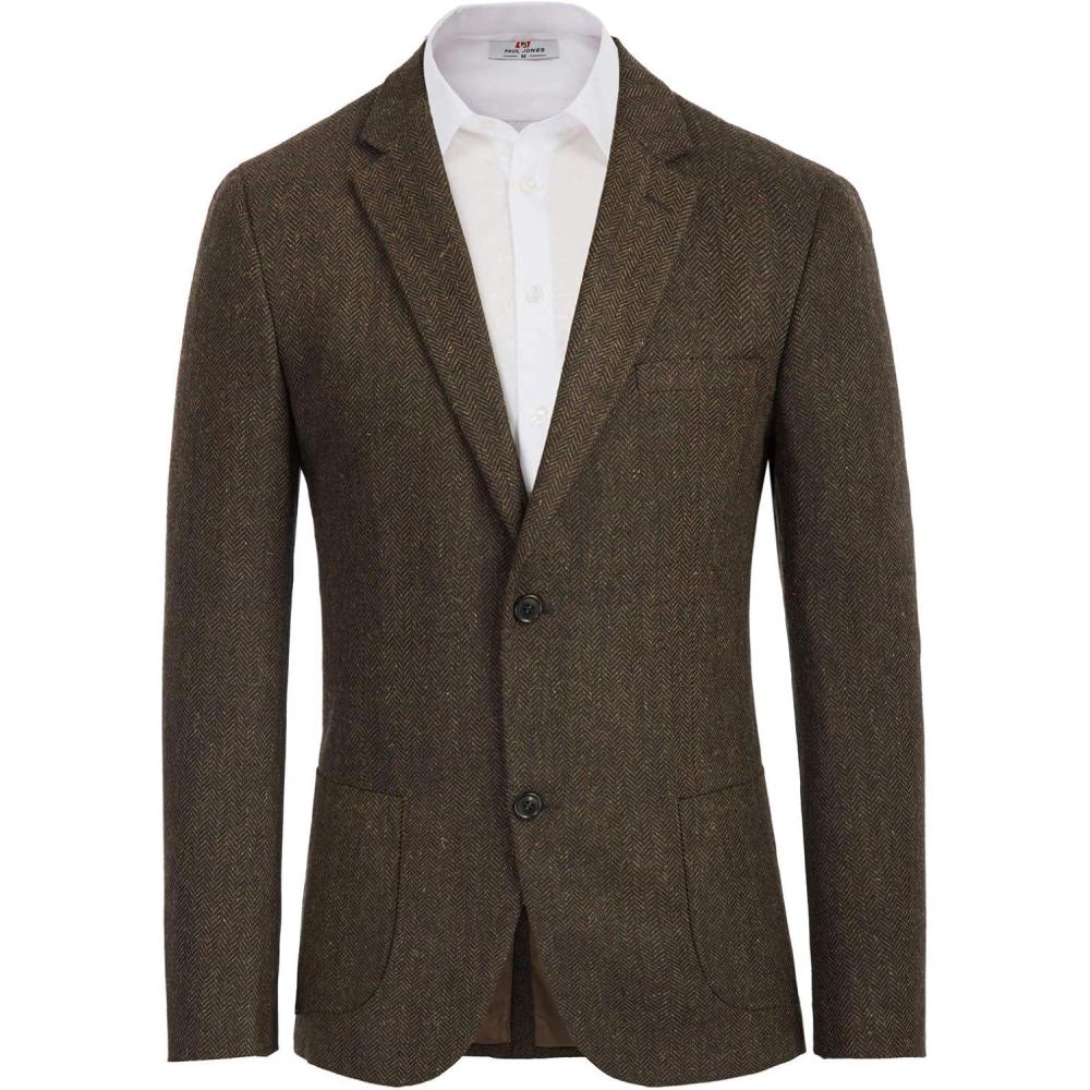imagePJ PAUL JONES Mens Herringbone Tweed Blazer British Wool Blend Sport Coat JacketBrown