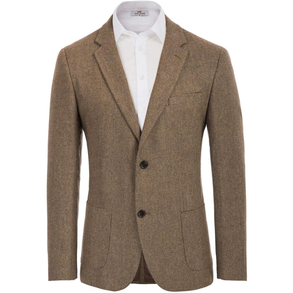 imagePJ PAUL JONES Mens Herringbone Tweed Blazer British Wool Blend Sport Coat JacketCoffee
