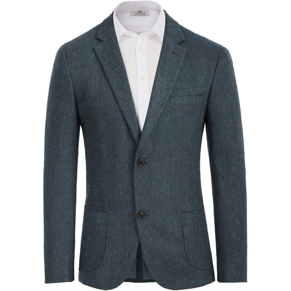 imagePJ PAUL JONES Mens Herringbone Tweed Blazer British Wool Blend Sport Coat JacketDark Blue