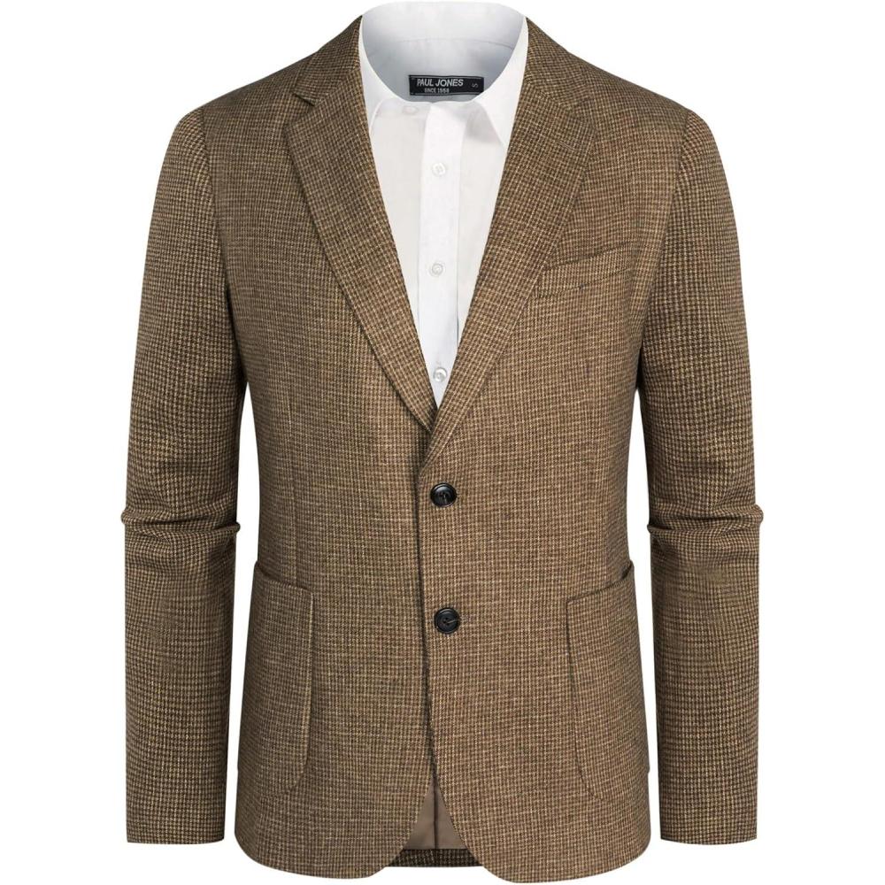 imagePJ PAUL JONES Mens Herringbone Tweed Blazer British Wool Blend Sport Coat JacketKhaki Plaid