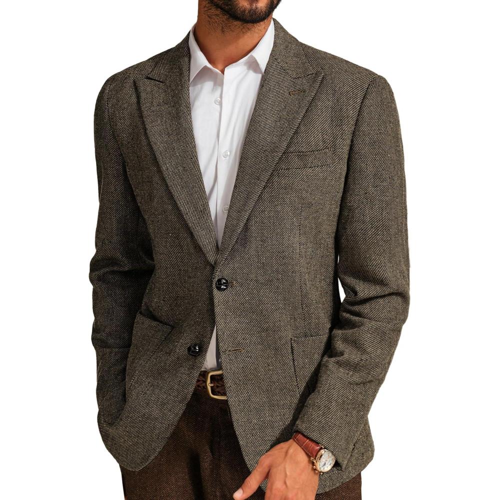 imagePJ PAUL JONES Mens Herringbone Tweed Sport Coat Vintage Wool Blend Two Button Blazer Jacket with PocketsKhaki Peak Lapel