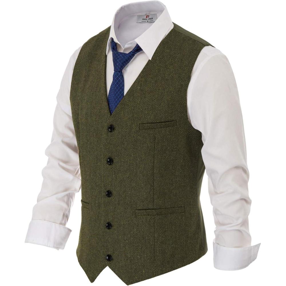 imagePJ PAUL JONES Mens Herringbone Tweed Suit Vest Casual Wool Blend WaistcoatArmy Green