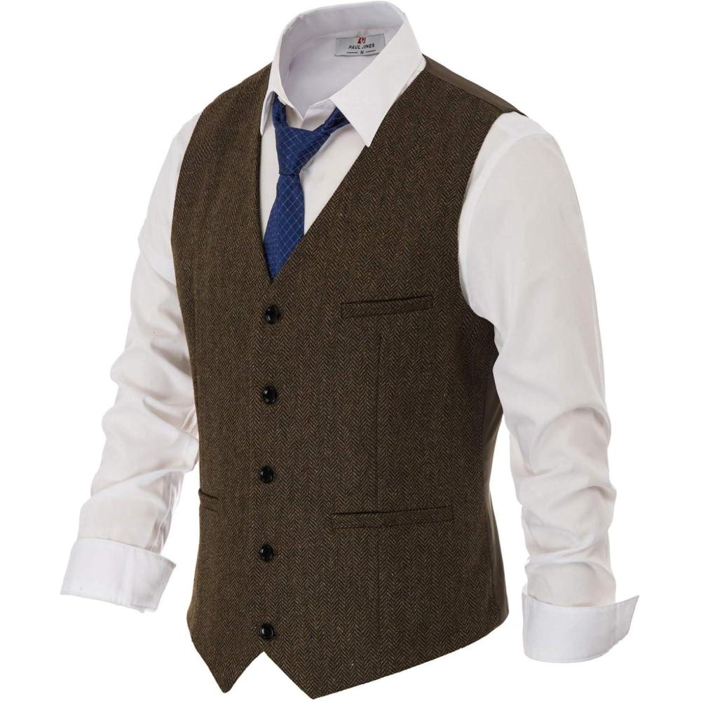 imagePJ PAUL JONES Mens Herringbone Tweed Suit Vest Casual Wool Blend WaistcoatCoffee