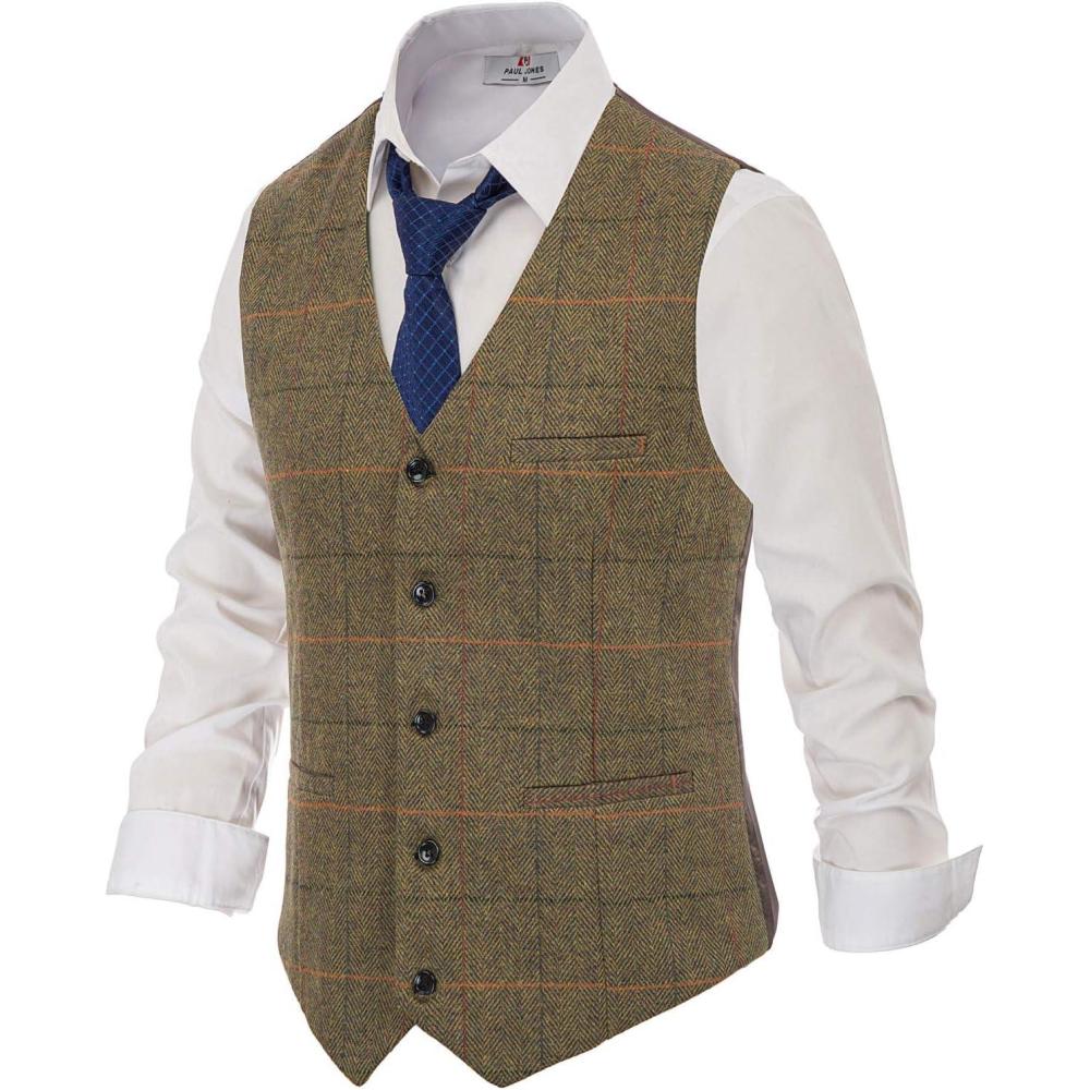 imagePJ PAUL JONES Mens Herringbone Tweed Suit Vest Casual Wool Blend WaistcoatCoffeeplaid