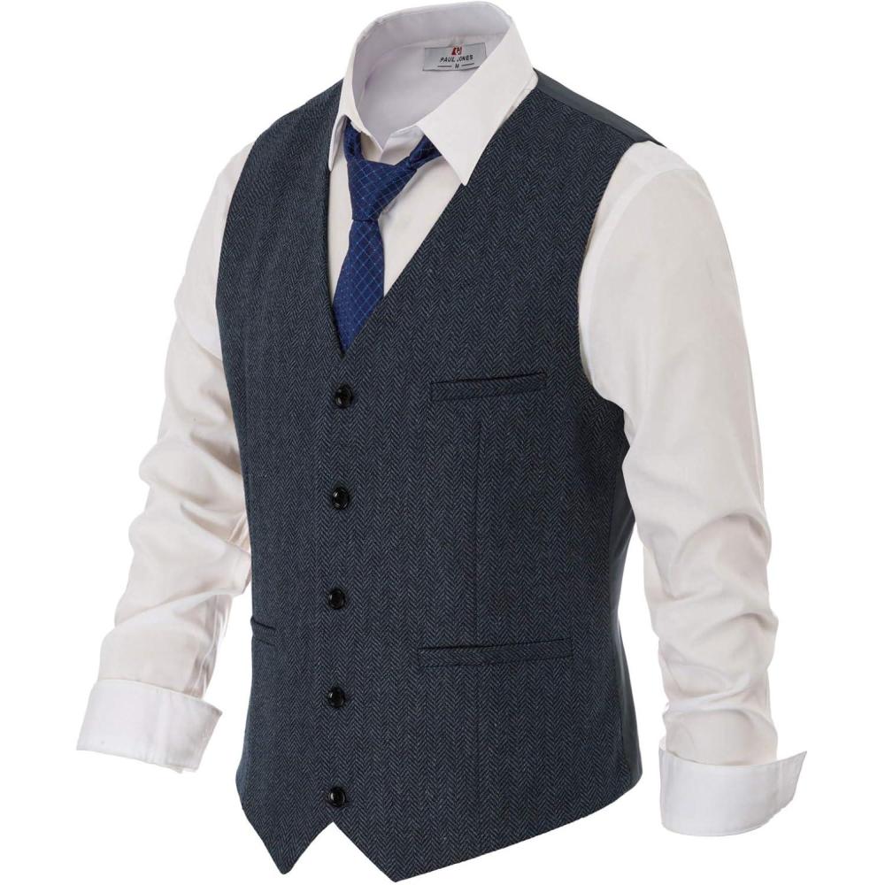 imagePJ PAUL JONES Mens Herringbone Tweed Suit Vest Casual Wool Blend WaistcoatNavy Blue