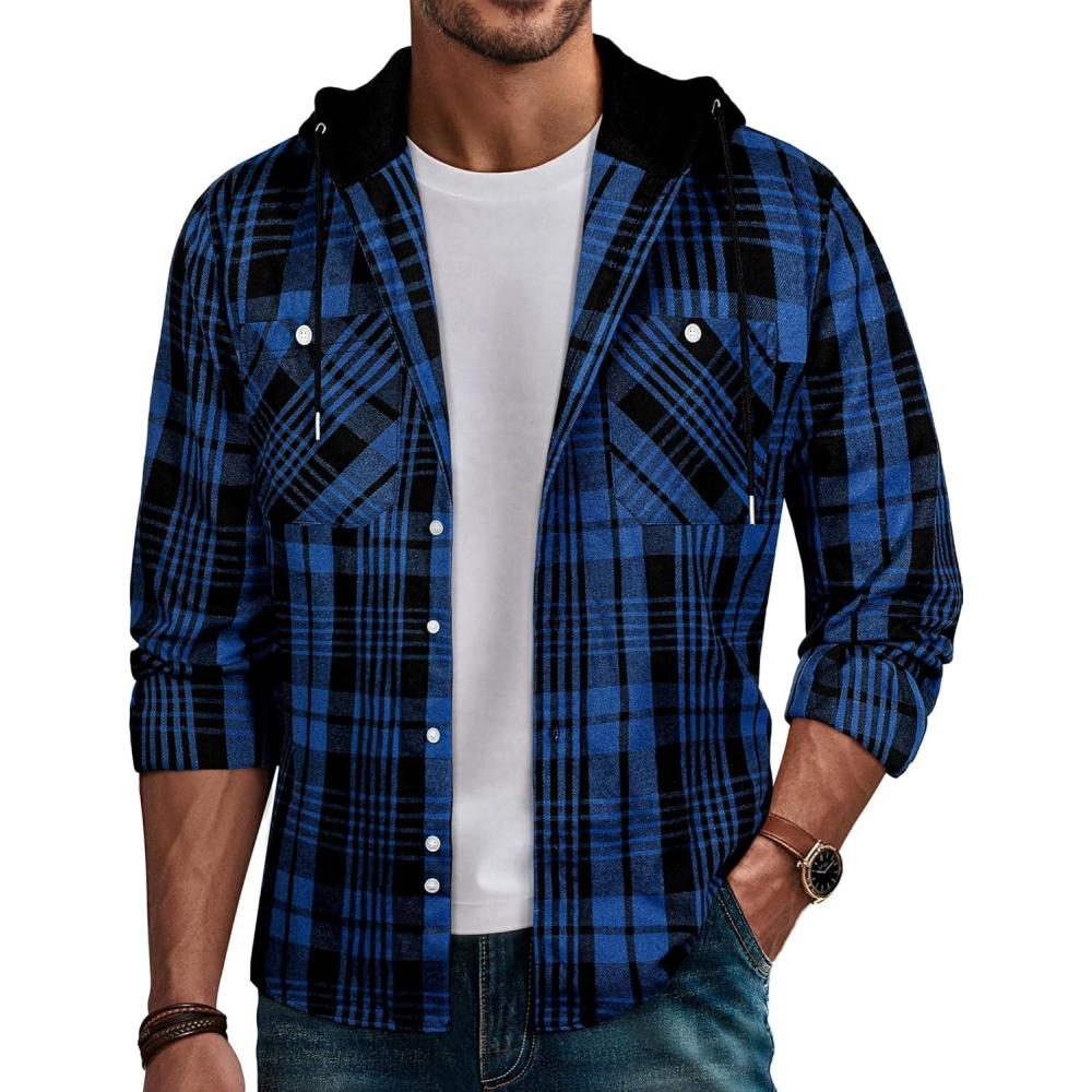 imagePJ PAUL JONES Mens Hooded Flannel Shirt Long Sleeve Plaid Shirts Hoodie JacketsHooded Blue Black