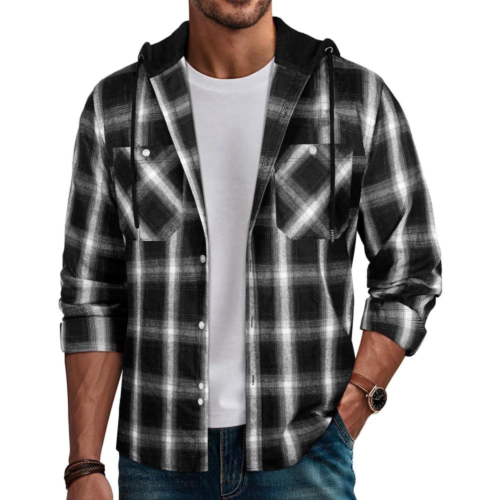 imagePJ PAUL JONES Mens Hooded Flannel Shirt Long Sleeve Plaid Shirts Hoodie JacketsHooded Grey Black