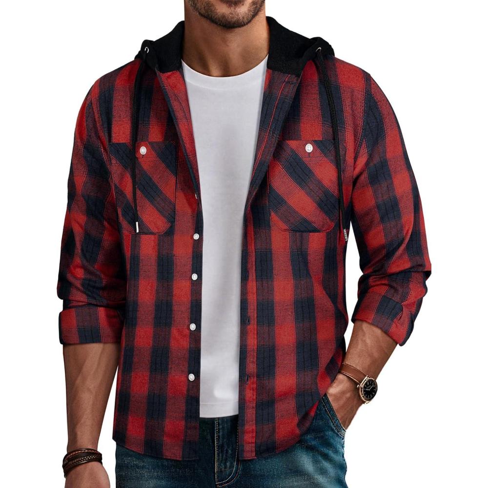 imagePJ PAUL JONES Mens Hooded Flannel Shirt Long Sleeve Plaid Shirts Hoodie JacketsHooded Red Black