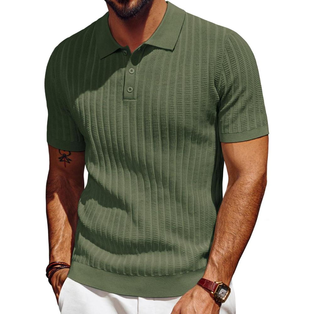 imagePJ PAUL JONES Mens Knit Polo Shirt Short Sleeve Textured Polo Shirts Casual Summer Collared Polo T ShirtArmy Green