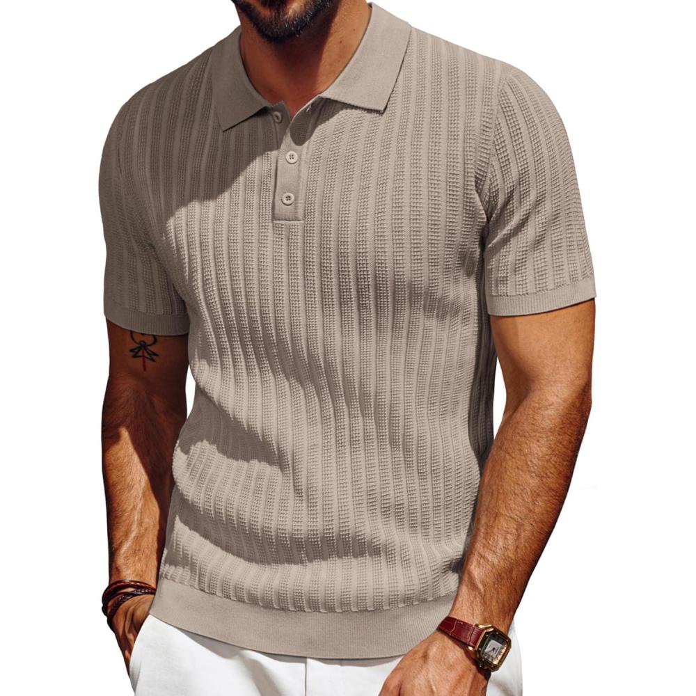 imagePJ PAUL JONES Mens Knit Polo Shirt Short Sleeve Textured Polo Shirts Casual Summer Collared Polo T ShirtCamel