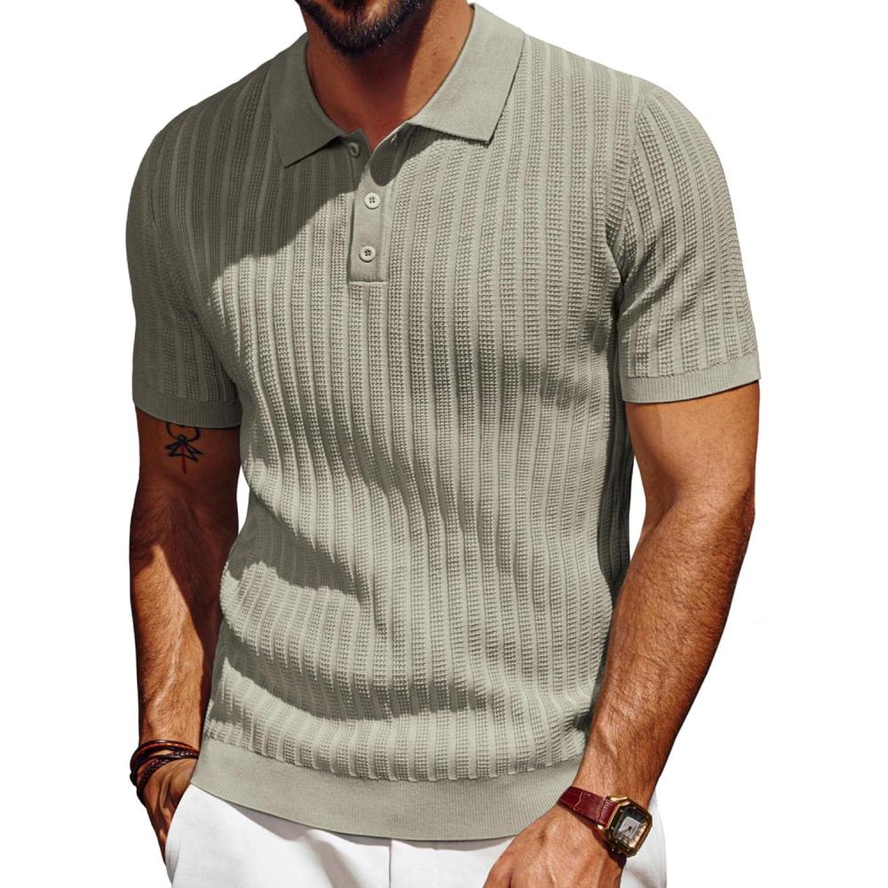 imagePJ PAUL JONES Mens Knit Polo Shirt Short Sleeve Textured Polo Shirts Casual Summer Collared Polo T ShirtKhaki