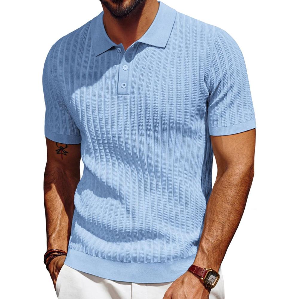 imagePJ PAUL JONES Mens Knit Polo Shirt Short Sleeve Textured Polo Shirts Casual Summer Collared Polo T ShirtLight Blue