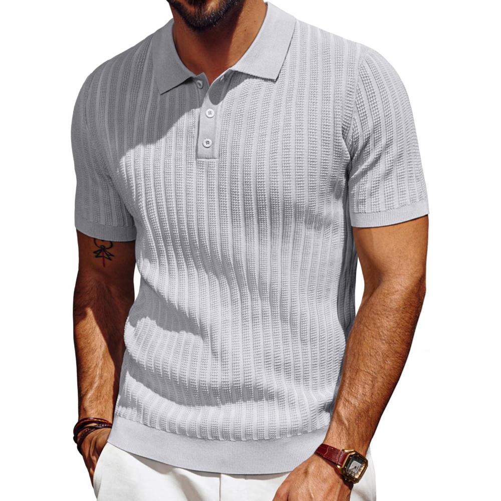 imagePJ PAUL JONES Mens Knit Polo Shirt Short Sleeve Textured Polo Shirts Casual Summer Collared Polo T ShirtLight Gray