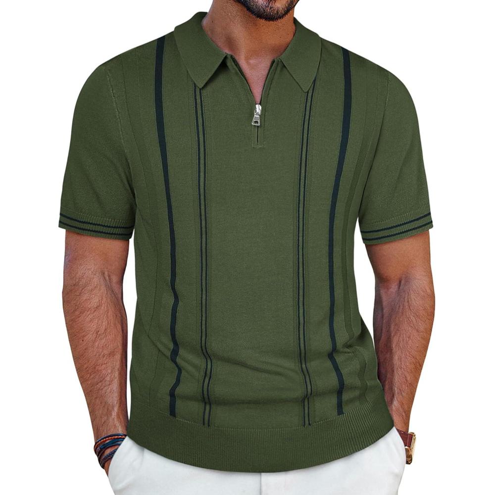 imagePJ PAUL JONES Mens Knit Polo Shirts Short Sleeve Quarter Zip Golf Shirt Vintage Shirts for MenArmy Green