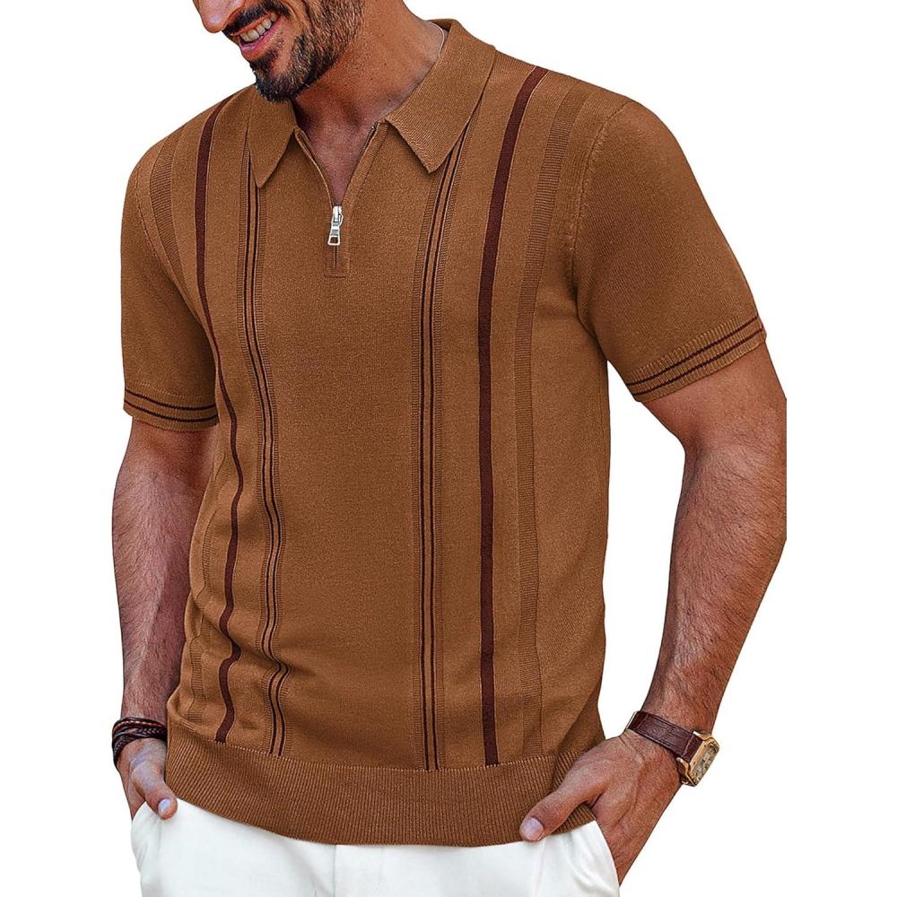 imagePJ PAUL JONES Mens Knit Polo Shirts Short Sleeve Quarter Zip Golf Shirt Vintage Shirts for MenBrown