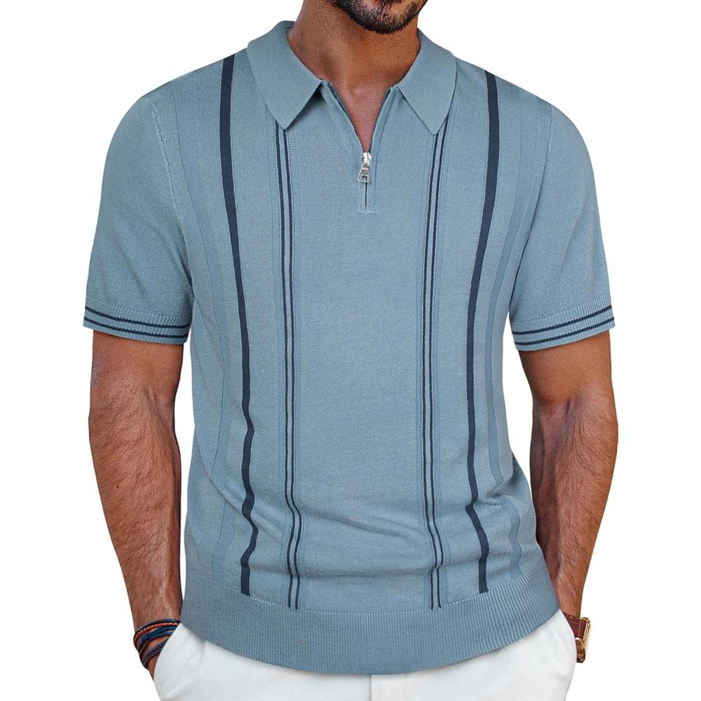 imagePJ PAUL JONES Mens Knit Polo Shirts Short Sleeve Quarter Zip Golf Shirt Vintage Shirts for MenGrey Blue