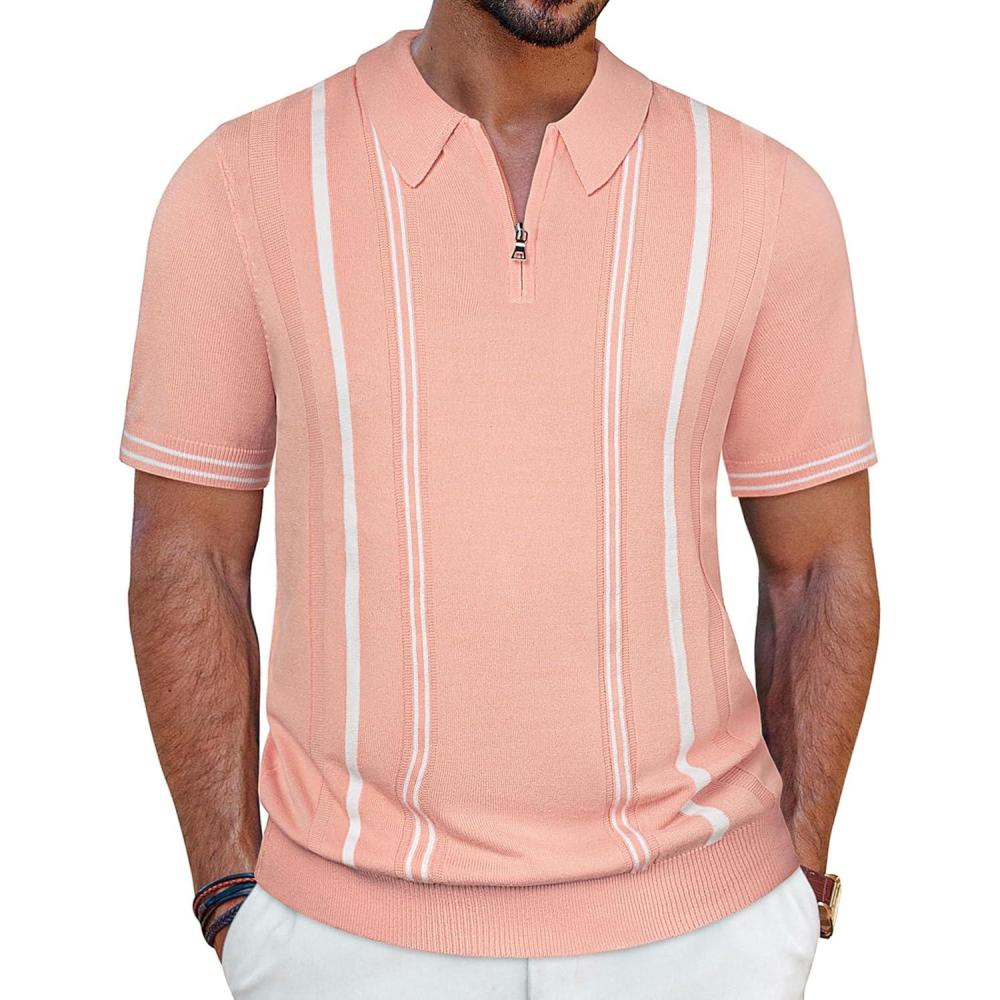 imagePJ PAUL JONES Mens Knit Polo Shirts Short Sleeve Quarter Zip Golf Shirt Vintage Shirts for MenPink
