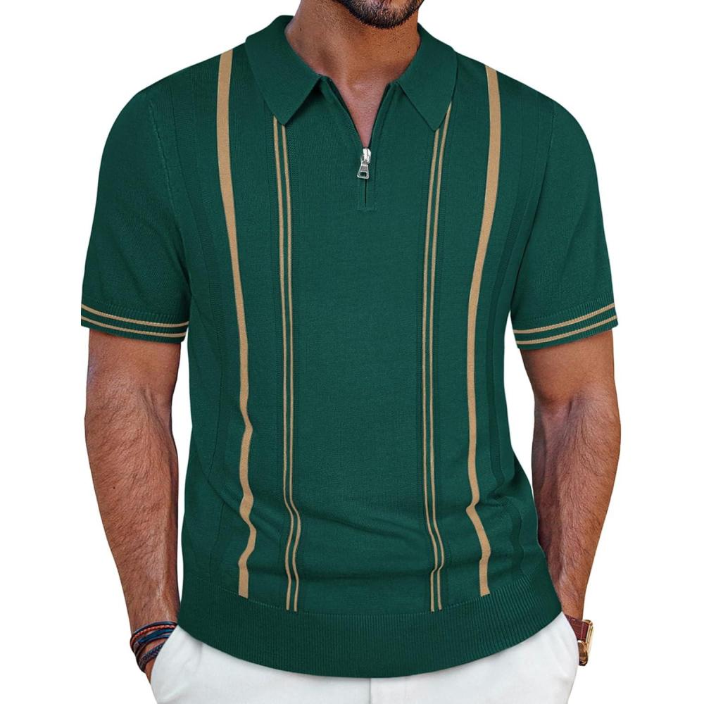 imagePJ PAUL JONES Mens Knit Polo Shirts Short Sleeve Quarter Zip Golf Shirt Vintage Shirts for MenVintage Green