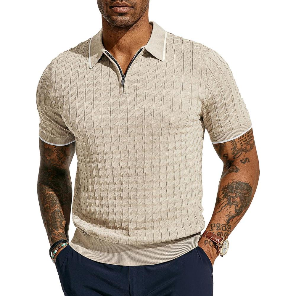 imagePJ PAUL JONES Mens Knit Polo Shirts Short Sleeve Quarter Zip Polo ShirtBeige