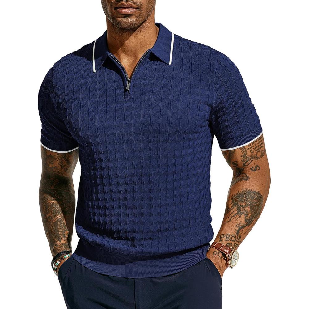 imagePJ PAUL JONES Mens Knit Polo Shirts Short Sleeve Quarter Zip Polo ShirtDark Blue