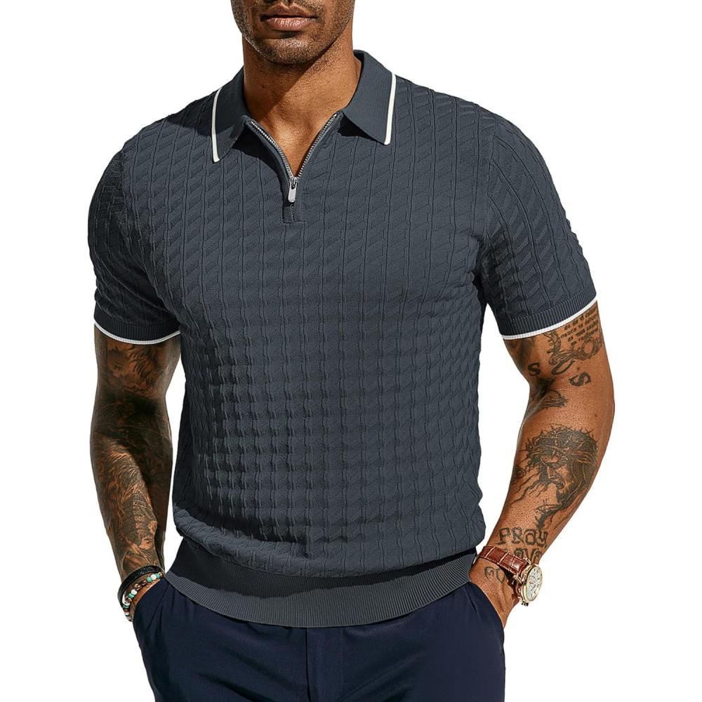 imagePJ PAUL JONES Mens Knit Polo Shirts Short Sleeve Quarter Zip Polo ShirtDark Gray