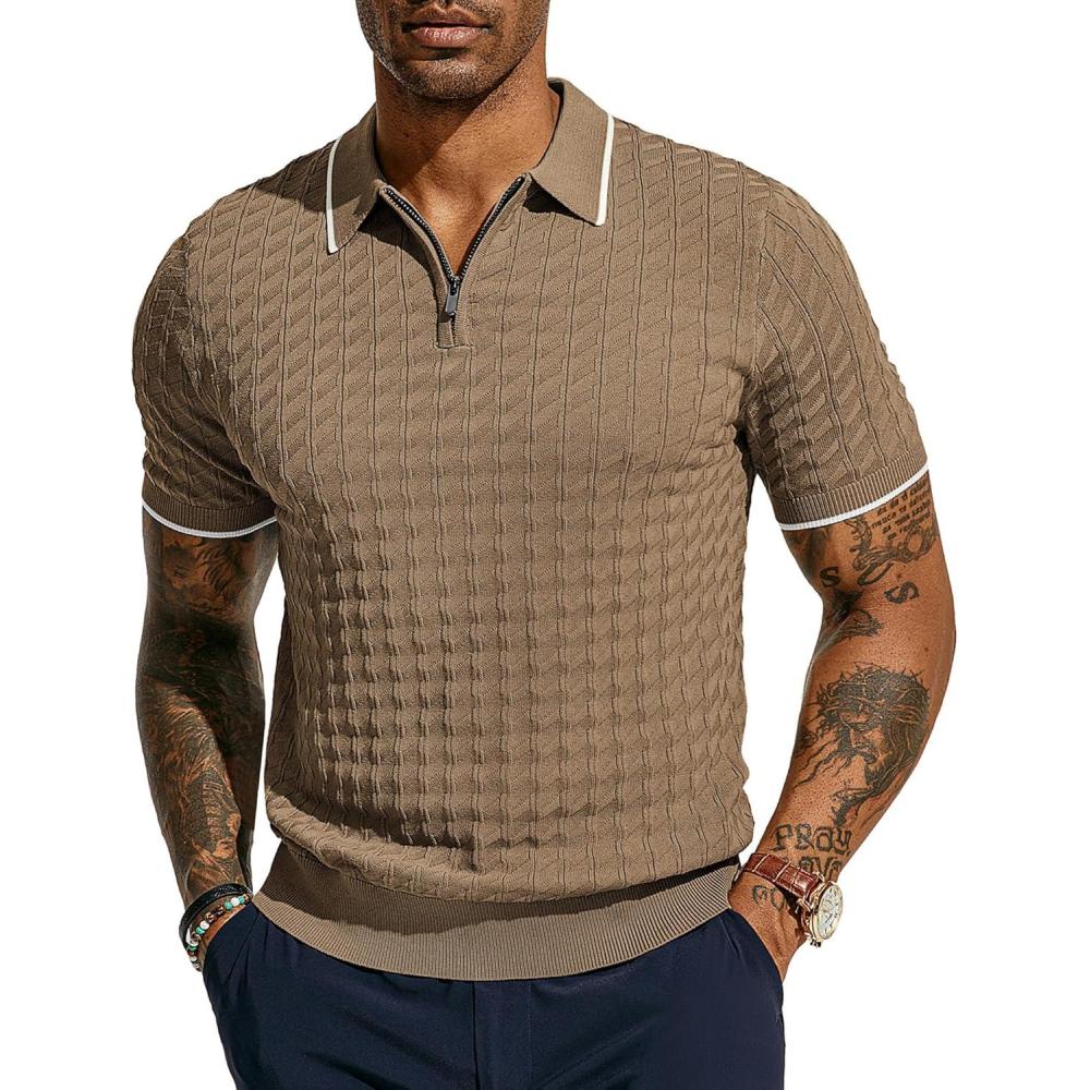 imagePJ PAUL JONES Mens Knit Polo Shirts Short Sleeve Quarter Zip Polo ShirtKhaki