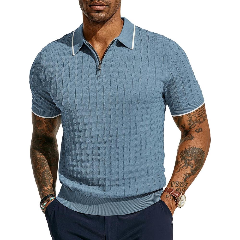 imagePJ PAUL JONES Mens Knit Polo Shirts Short Sleeve Quarter Zip Polo ShirtLight Blue