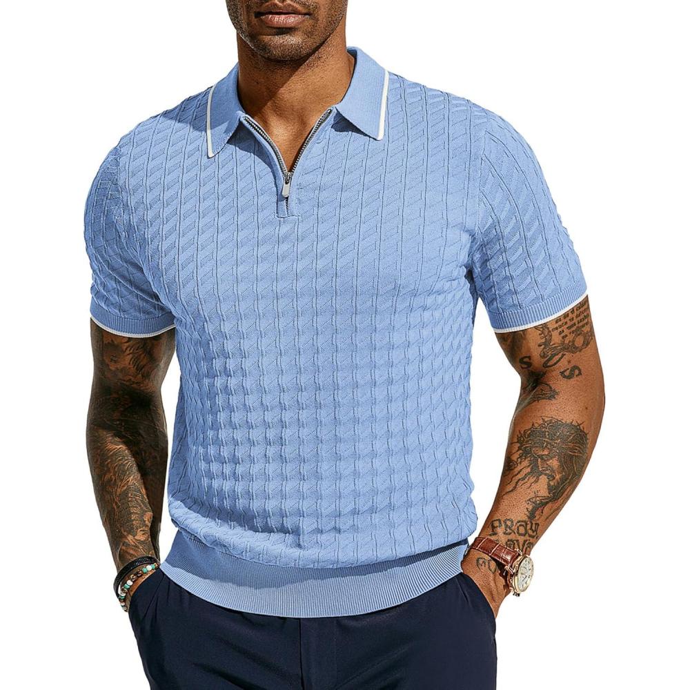 imagePJ PAUL JONES Mens Knit Polo Shirts Short Sleeve Quarter Zip Polo ShirtSky Blue