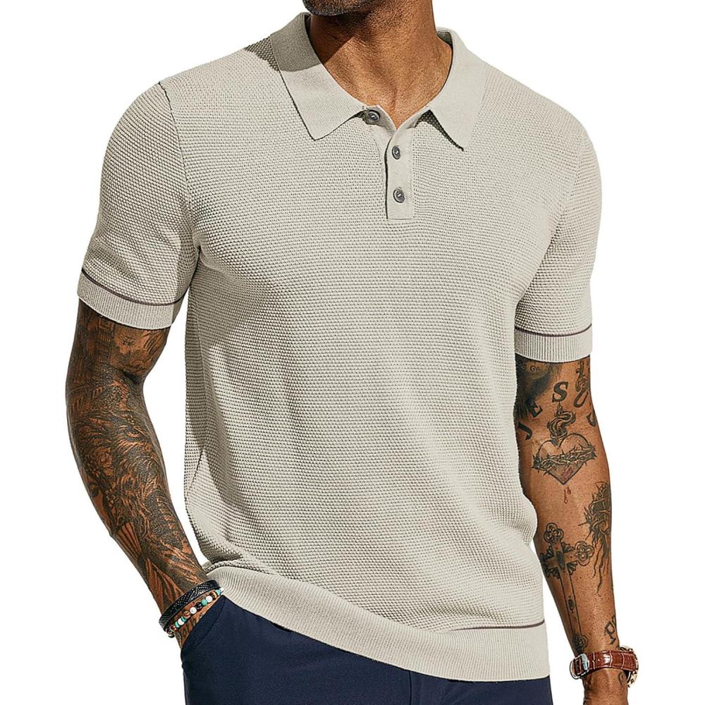 imagePJ PAUL JONES Mens Knit Polo Shirts Short Sleeve Textured Polo Shirts Sretchy Regular FitApricot