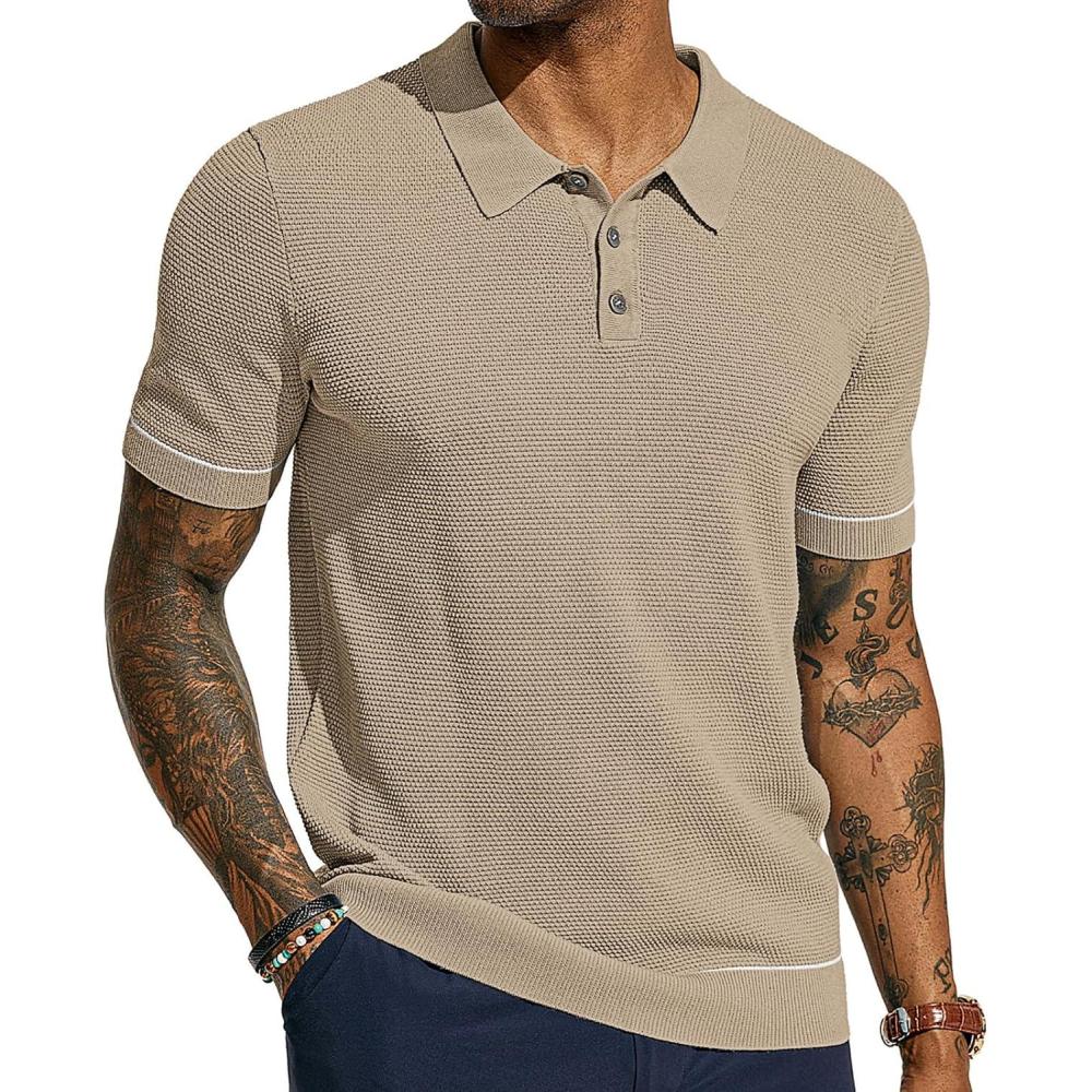 imagePJ PAUL JONES Mens Knit Polo Shirts Short Sleeve Textured Polo Shirts Sretchy Regular FitCamel