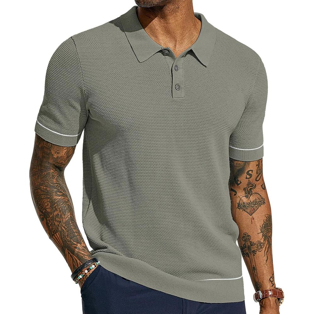 imagePJ PAUL JONES Mens Knit Polo Shirts Short Sleeve Textured Polo Shirts Sretchy Regular FitGreen Khaki