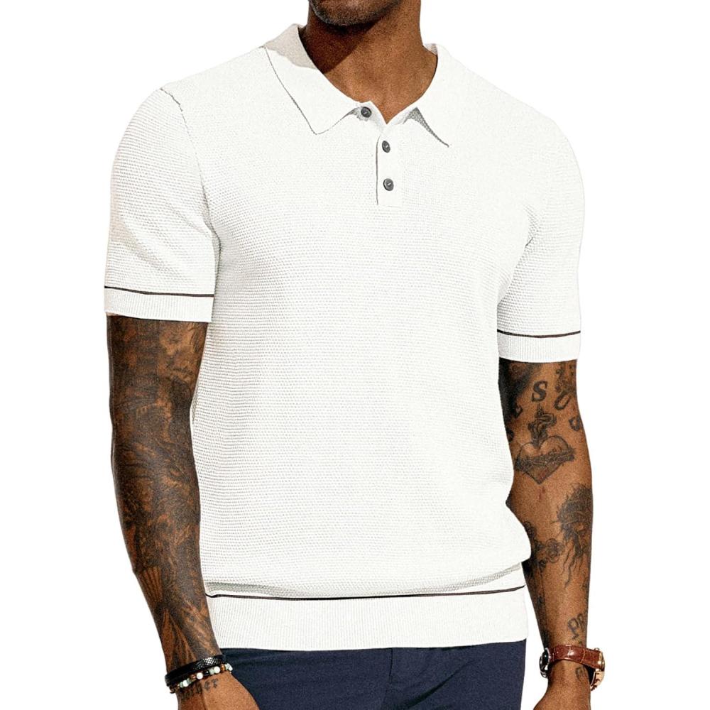 imagePJ PAUL JONES Mens Knit Polo Shirts Short Sleeve Textured Polo Shirts Sretchy Regular FitWhite