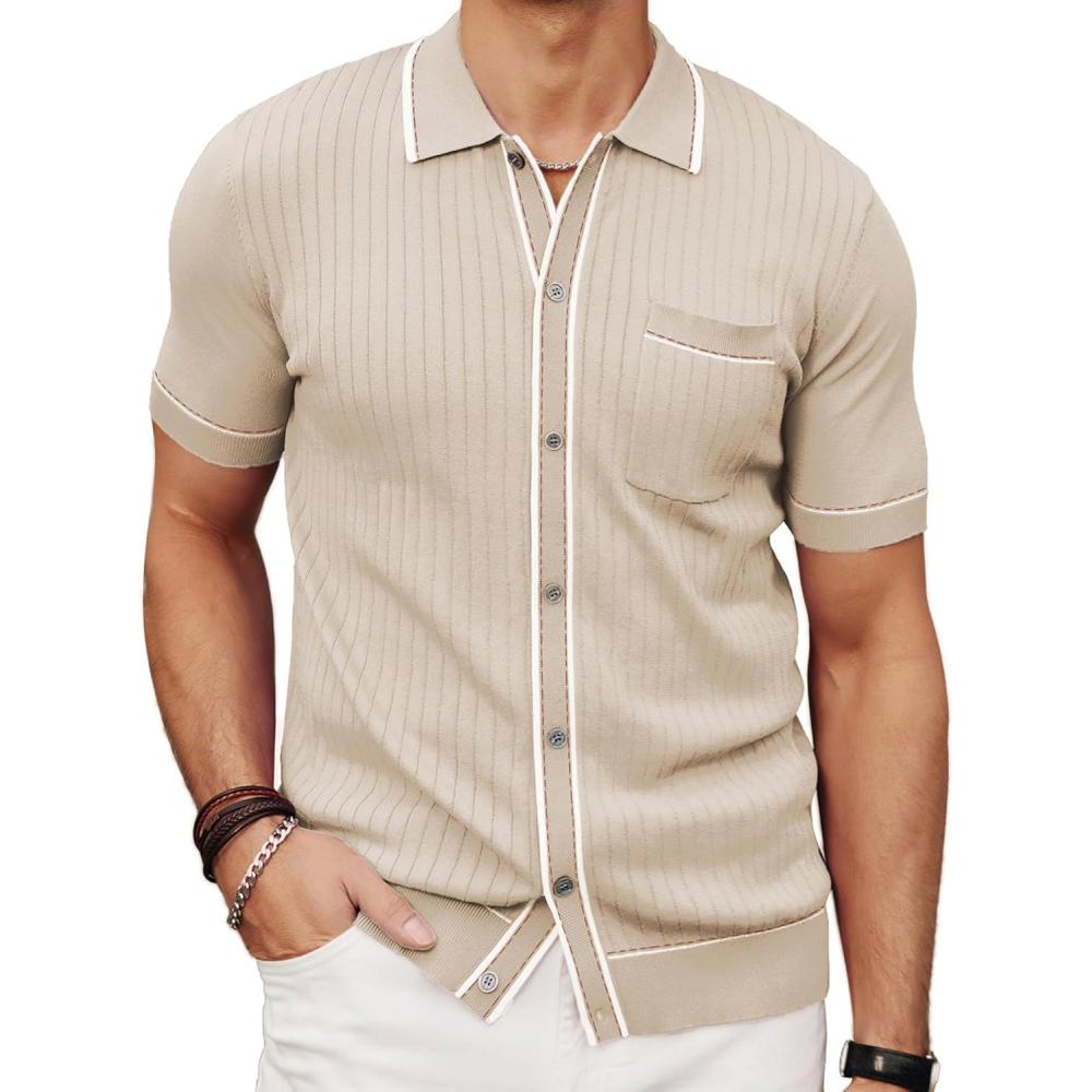 imagePJ PAUL JONES Mens Knit Shirts Vintage Retro Short Sleeve Button Down Vacation Polo ShirtsApricot