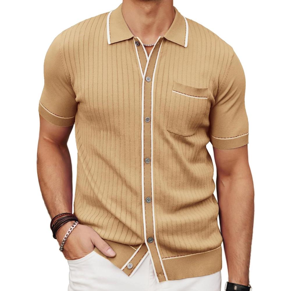 imagePJ PAUL JONES Mens Knit Shirts Vintage Retro Short Sleeve Button Down Vacation Polo ShirtsApricot Camel