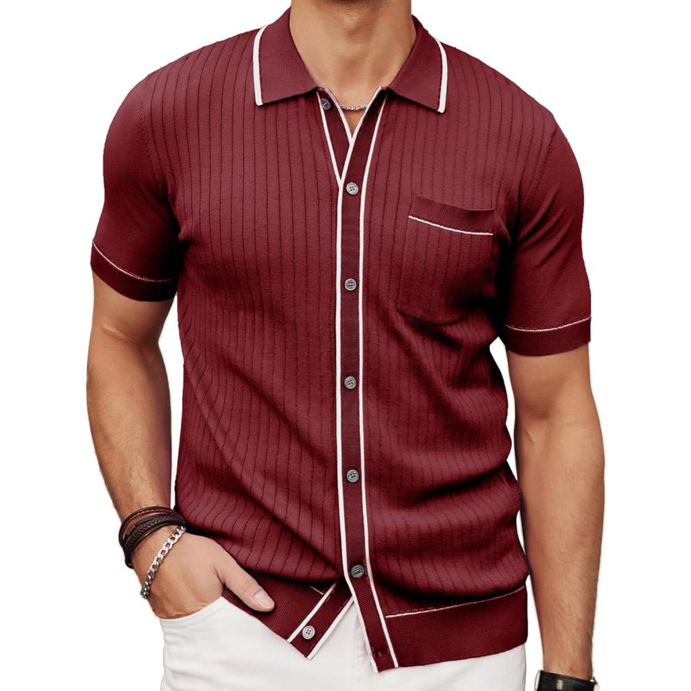 imagePJ PAUL JONES Mens Knit Shirts Vintage Retro Short Sleeve Button Down Vacation Polo ShirtsBurgundy