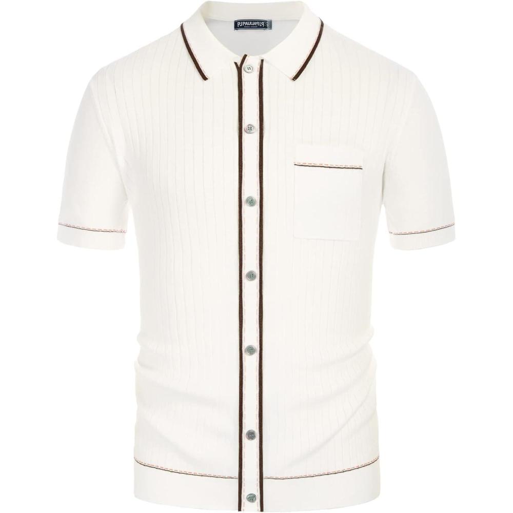 imagePJ PAUL JONES Mens Knit Shirts Vintage Retro Short Sleeve Button Down Vacation Polo ShirtsIvory