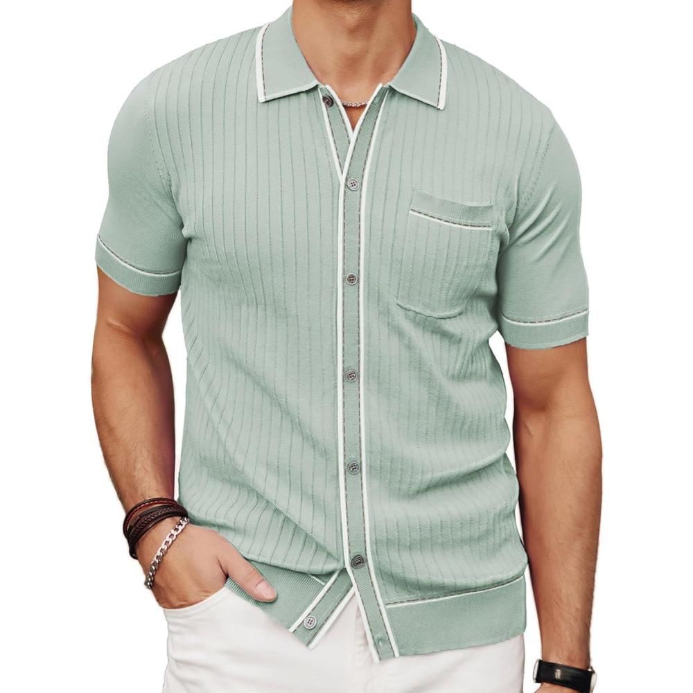 imagePJ PAUL JONES Mens Knit Shirts Vintage Retro Short Sleeve Button Down Vacation Polo ShirtsLight Green