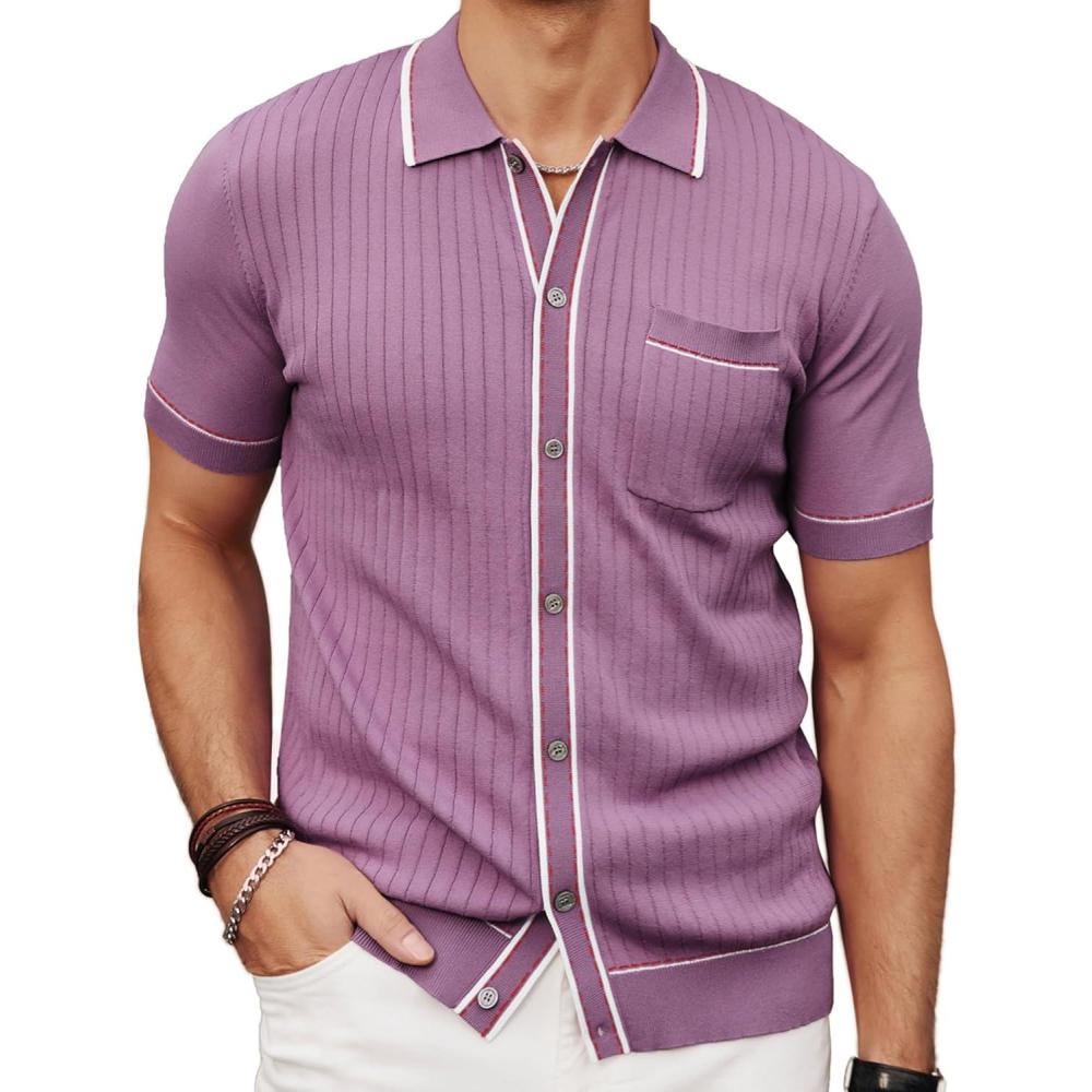 imagePJ PAUL JONES Mens Knit Shirts Vintage Retro Short Sleeve Button Down Vacation Polo ShirtsPurple