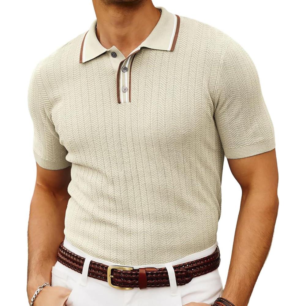 imagePJ PAUL JONES Mens Knitted Polo Shirts Short Sleeve Textured Pullover Golf Polo T ShirtsBeige